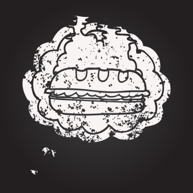 Tahta tebeşirle çizilmiş düşünce balonu bir insan tarafından çizilmiş kocaman bir sandviç.