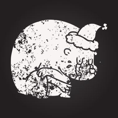 Tahta tebeşirle ağlayan bir el çizimi. Bir insan tarafından çizilmiş Noel Baba şapkası takan bir kutup ayısı.