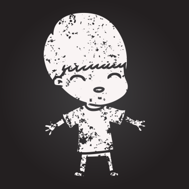 Bir insan tarafından çizilmiş kara tahta tebeşirli mutlu çizgi film çocuğu.