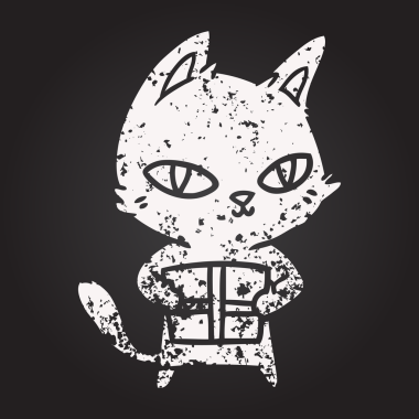 Karatahta tebeşir çizgi film kedisi bir insan tarafından çizilmiş paketi tutuyor.