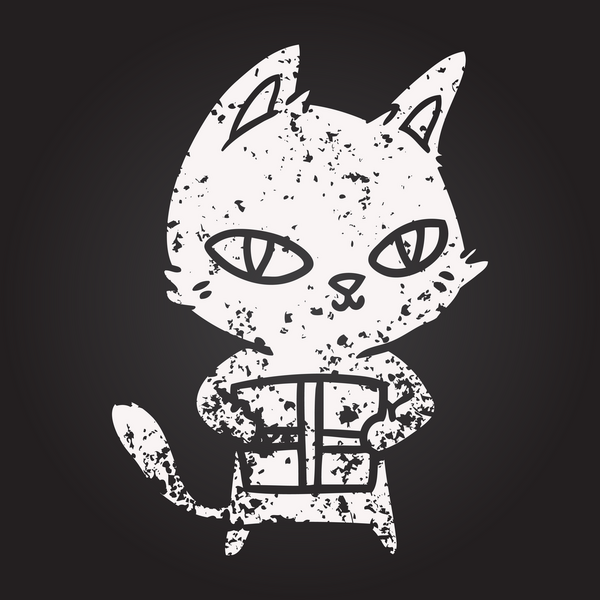 Karatahta tebeşir çizgi film kedisi bir insan tarafından çizilmiş paketi tutuyor.