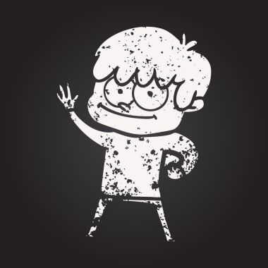 Bir insan tarafından çizilmiş kara tahta tebeşirli mutlu çizgi film adamı.