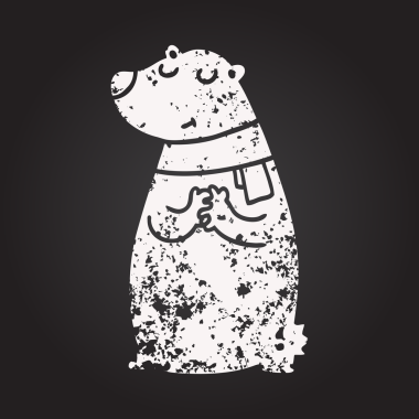 Bir insan tarafından çizilmiş eşarp giyen kara tahta tebeşir çizgi film ayısı.