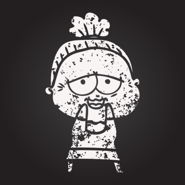 Karatahta karikatür mutlu yaşlı kadın bir insan tarafından çizilmiş.