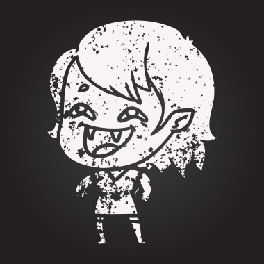 Bir insan tarafından çizilmiş gülen vampir kız karikatürü.