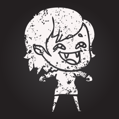 Bir insan tarafından çizilmiş gülen vampir kız karikatürü.