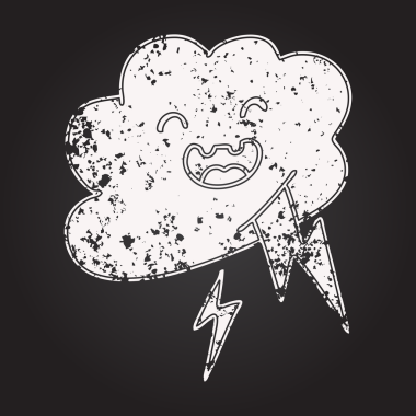 Bir insan tarafından çizilmiş yıldırımlar atan mutlu bir fırtına bulutunun karatahta karalaması