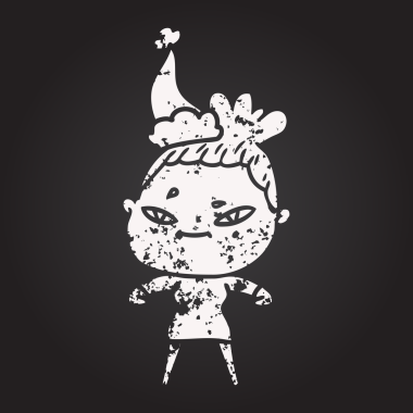 Tahta tebeşirle çizilmiş, Noel Baba şapkası takan bir kadın bir insan tarafından çizilmiş.