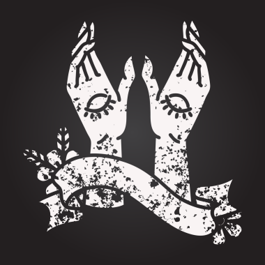 Kara tahta geleneksel siyah çizgi dövmesi. Bir insan tarafından çizilmiş mistik el dövmesi.