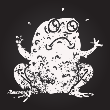 Karatahta tebeşiri bir insan tarafından çizilmiş gergin bir kurbağa çiziyor.