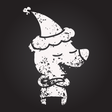 Tahta tebeşirle çizilmiş bir insan tarafından çizilmiş Noel Baba şapkası takan bir ayı resmi.