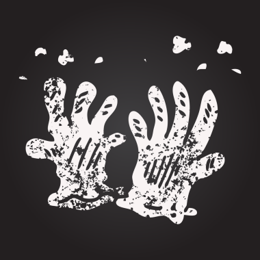 Tahta tebeşir, bir insan tarafından çizilmiş bahçe eldivenleri.