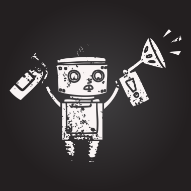 Bir insan tarafından çizilmiş kara tahta tebeşir çizgi film robotu.