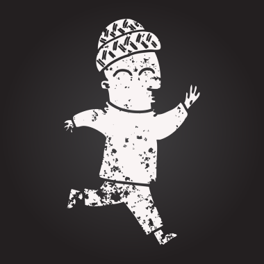 Bir insan tarafından çizilmiş şapkalı kara tahta karikatür adam.