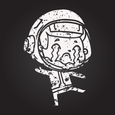 Bir insan tarafından çizilmiş karatahta karikatür ağlayan astronot.