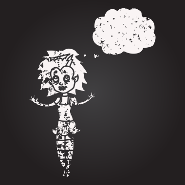 Tahta tebeşirle çizilmiş düşünce balonlu vampir kız bir insan tarafından çizilmiş.