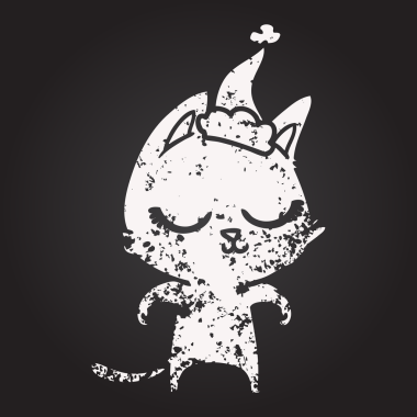 Karatahta tebeşir sakin el çizimi Noel Baba şapkası takan bir kedinin bir insan tarafından çizilmiş resmi.