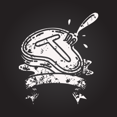 Siyah dövmeli karatahta parşömen afişi. Biftek ve çatal bir insan tarafından çizilmiş.