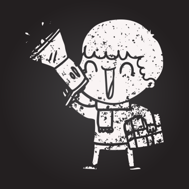 Karatahta tebeşir megafon karikatür adamı bir insan tarafından çizilmiş.