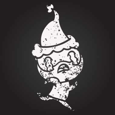 Tahta tebeşirle çizilmiş bir el, bir insan tarafından çizilmiş Noel Baba şapkasıyla ağlayan sakallı bir adamın resmi.