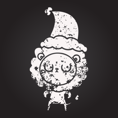 Tahta tebeşirle çizilmiş bir aslan, Noel Baba şapkası giymiş bir insan tarafından çizilmiş.