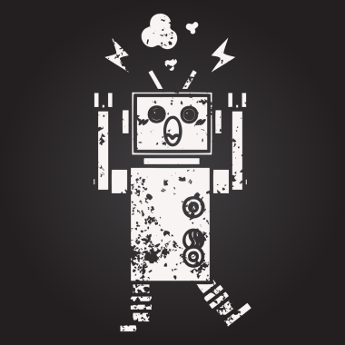 Karatahta tebeşirle bir insan tarafından çizilmiş arızalı bir robotun karikatürü