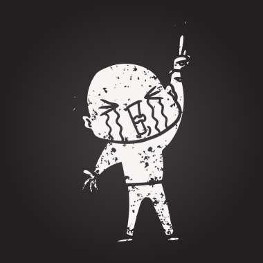 Tahta tebeşir karikatürü, bir insan tarafından çizilmiş kel adam ağlıyor.