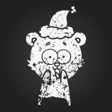 Tahta tebeşir heyacanlı oyuncak ayı eli çizilmiş Noel Baba şapkası giyen bir insan tarafından çizilmiş.