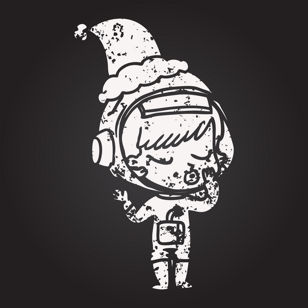 Tahta tebeşirle çizilmiş güzel bir astronot kız Noel Baba şapkası giymiş bir insan tarafından çizilmiş.