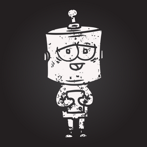 Bir insan tarafından çizilmiş kara tahta tebeşir çizgi film robotu.