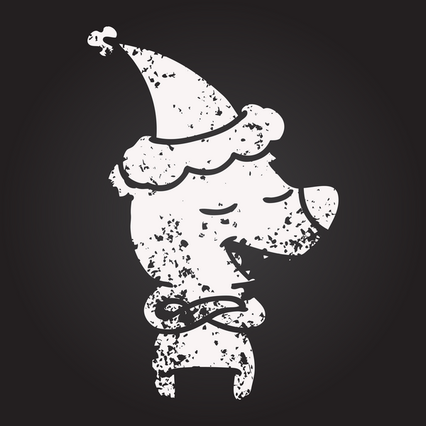 Tahta tebeşirle çizilmiş bir insan tarafından çizilmiş Noel Baba şapkası takan bir ayı resmi.