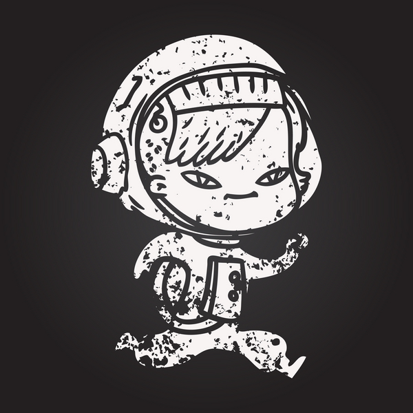 Bir insan tarafından çizilmiş kara tahta tebeşirli astronot kadın.