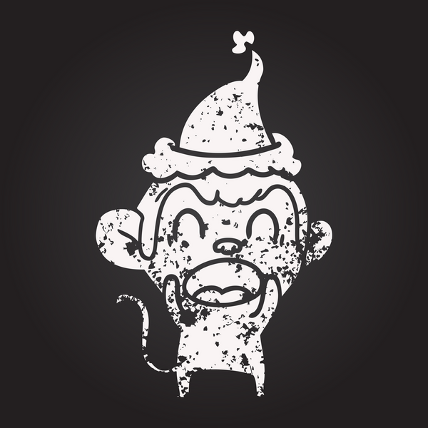 Tahta tebeşirle bağıran el çizimi Noel Baba şapkası takan bir maymun insan tarafından çizilmiş.