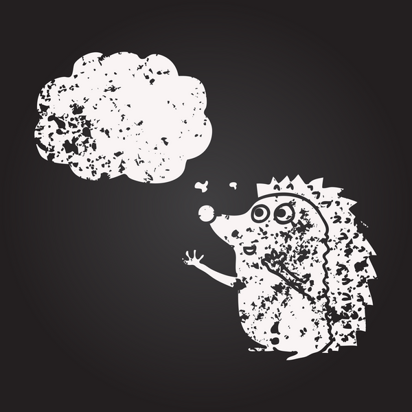 Kara tahta tebeşirle çizilmiş düşünce balonu çizgi filmi şirin kirpi bir insan tarafından çizilmiş.