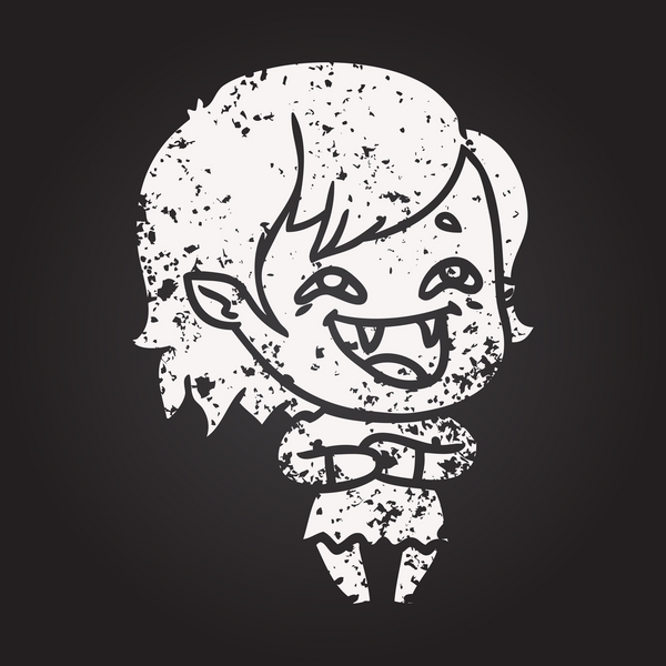 Bir insan tarafından çizilmiş gülen vampir kız karikatürü.