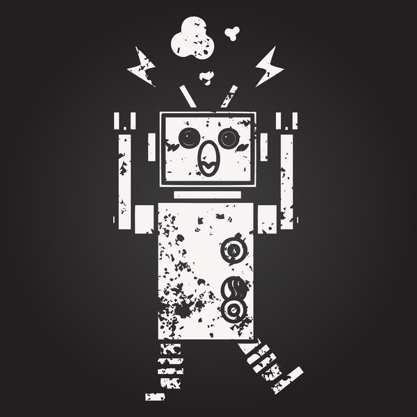 Karatahta tebeşirle bir insan tarafından çizilmiş arızalı bir robotun karikatürü