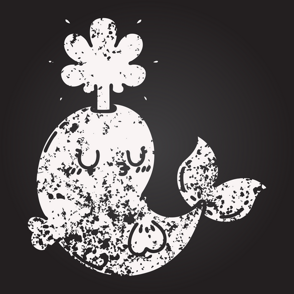 Geleneksel siyah iş dövme stili karatahta tebeşir çizimi bir insan tarafından çizilmiş mutlu fışkırtan balina karakteri
