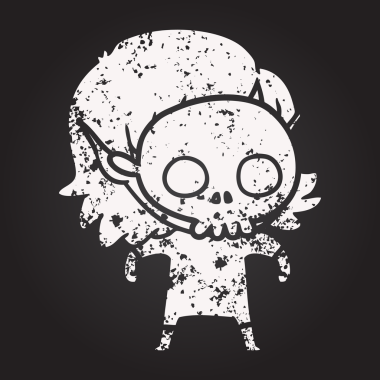 Kara tahta tebeşirle mutlu çizgi film elf kızı bir insan tarafından çizilmiş kafatası maskesi giyiyor.