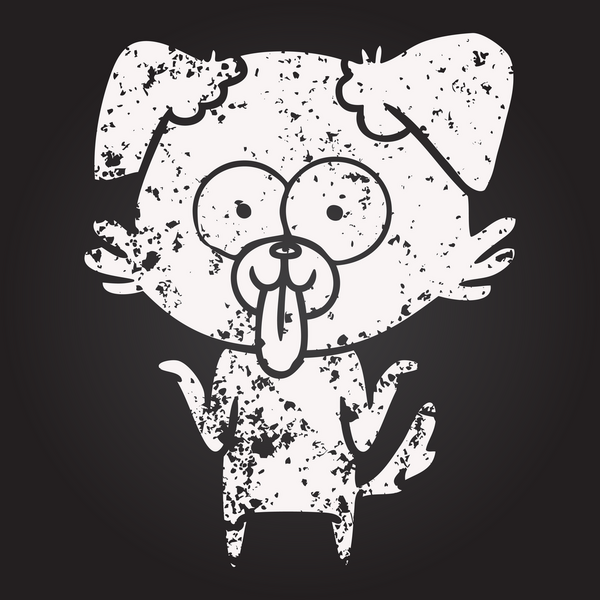 Tahta tebeşirle çizilmiş, dili bir insan tarafından çizilmiş bir köpek.