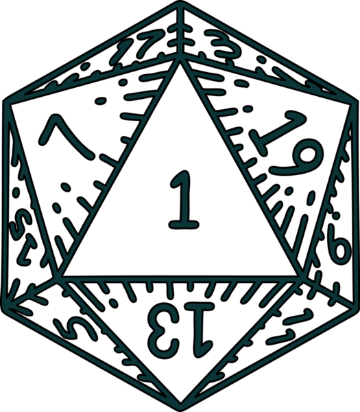 Retro Dövme Biçimi Doğal 1D20 zar atma simgesi Bir insan tarafından çizilmiş