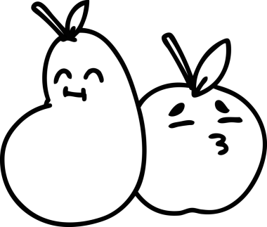 Bir insan tarafından çizilmiş mutlu bir elma ve armut çizimi.