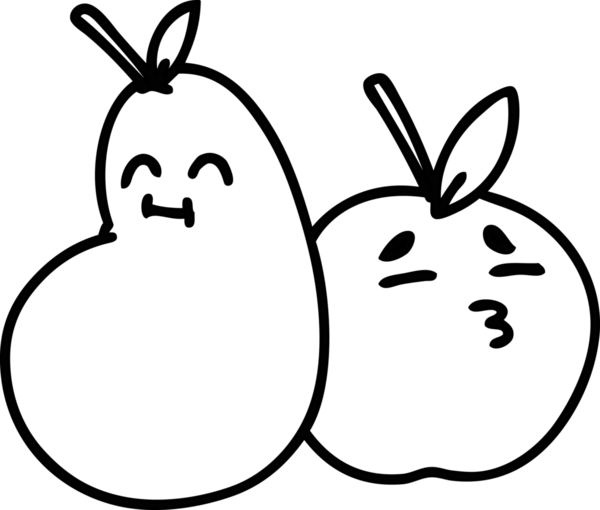 Bir insan tarafından çizilmiş mutlu bir elma ve armut çizimi.