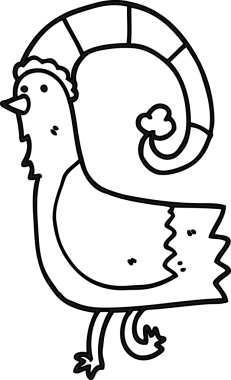 Bir insan tarafından çizilmiş komik Noel şapkalı tavuk resmi.