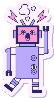 Parlak neon renkli, arızalı, sevimli bir robot çizgi film çıkartması.