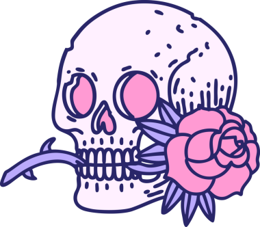 Bir kafatasının ikonik dövme şekli ve parlak neon rengi gül