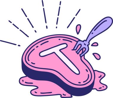 Parlak neon renkli geleneksel bir biftek ve çatal çizimi