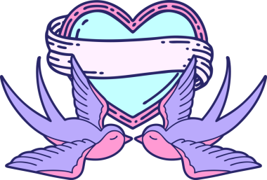 Geleneksel kırlangıç tarzında dövme ve parlak neon renkli bayrağı olan bir kalp.