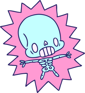 Çizgi film illüstrasyonu kawaii parlak neon renkli iskelete elektrik verdi