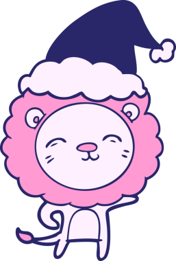 Parlak neon renkli Noel Baba şapkası takan bir aslanın el çizimi.