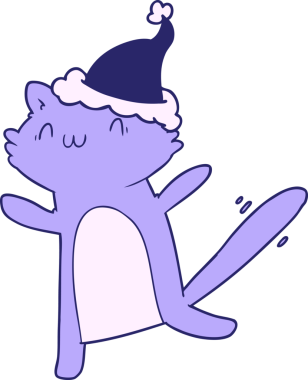 Parlak neon renkli Noel Baba şapkası giyen dans eden bir kedinin el çizimi.